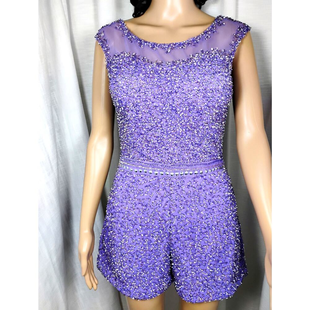Shail K Womens 4 Purple Beaded Sequin Romper Illusion Top Costume Glam Showgirl